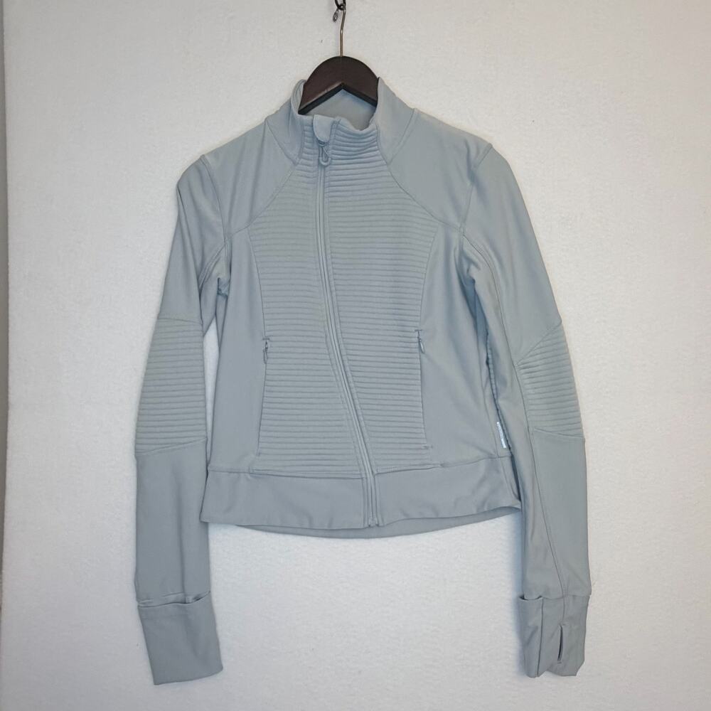 Mondetta Womens S Blue Gray Moto Performance Full Zip Jacket Thumbholes Fall